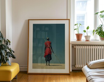 May include: Framed art print featuring a person in a red garment holding a long spear. The figure stands against a teal background, with a building visible in the distance. The artwork is displayed in a room with hardwood floors and a yellow ottoman.