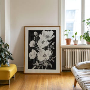 Modern botanical print, Black and white flower decor, Poppy art