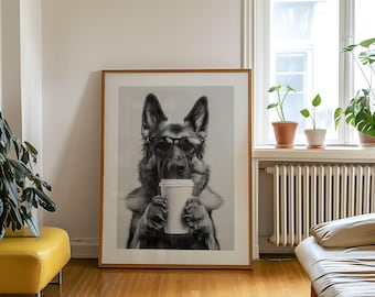 German Shepherd Coffee Poster, Cool Dog Art, Black and White Decor