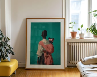 May include: A framed art print featuring a woman carrying a child in a pink wrap against a teal background. The artwork is in a gold frame and is displayed in a room with hardwood floors and a yellow ottoman.