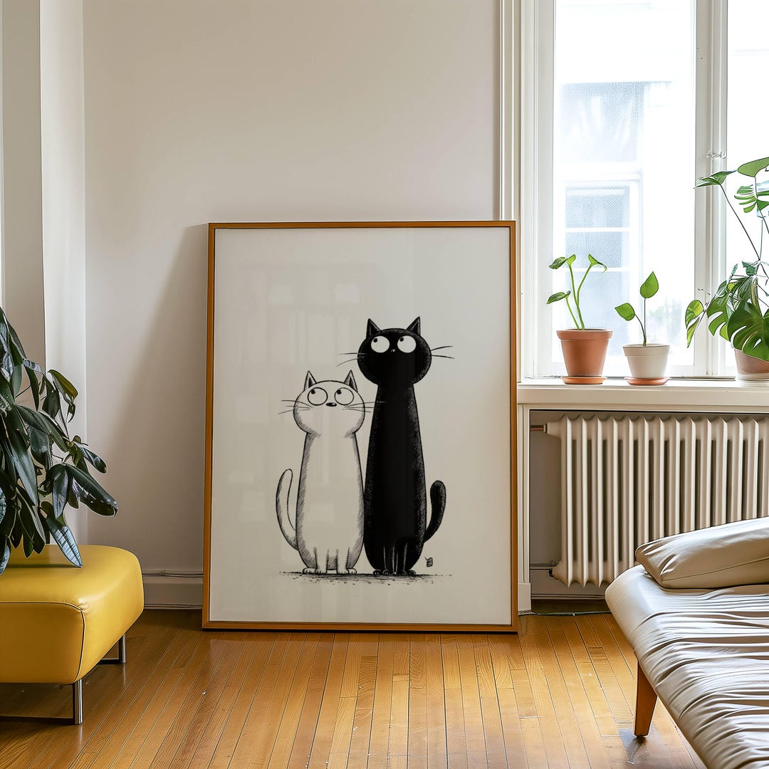 Black and White Cat Art Print: Modern Minimalist Decor - Etsy