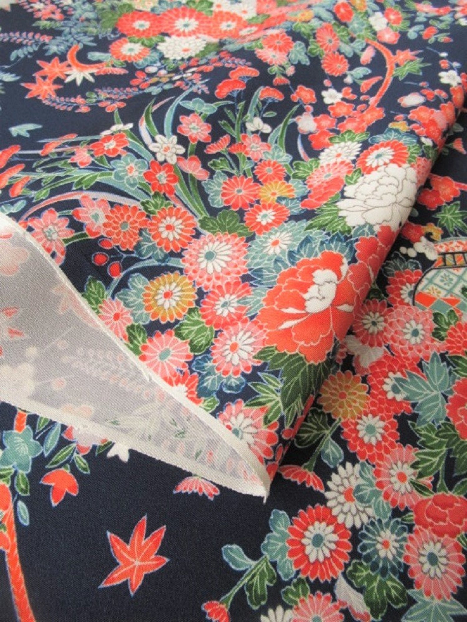 Japanese Pure Silk Cloth From Kyoto Navy Floral Pattern No.27 Etsy