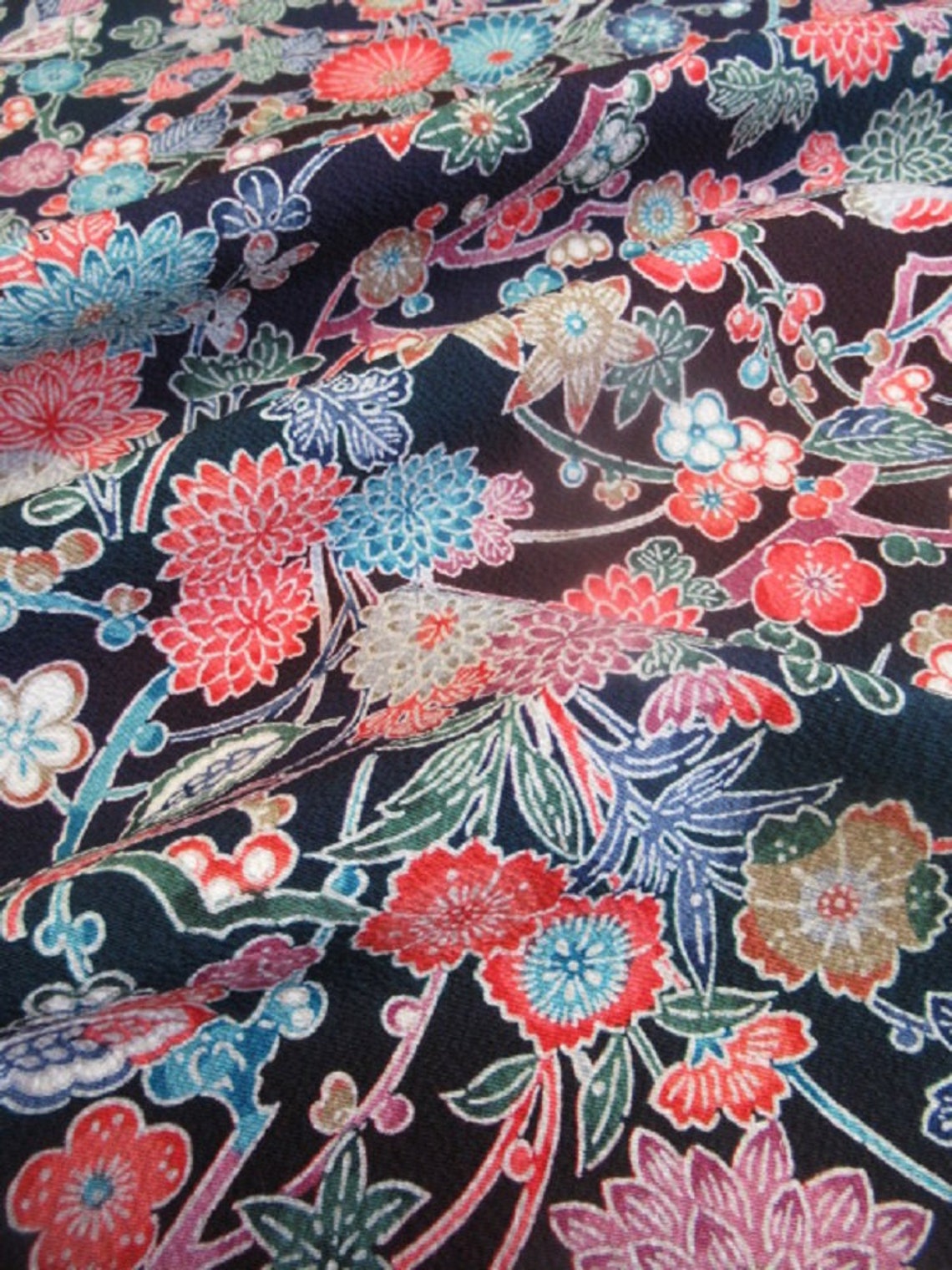 Japanese Pure Silk Cloth From Kyoto Navy Floral Pattern No.35 - Etsy UK