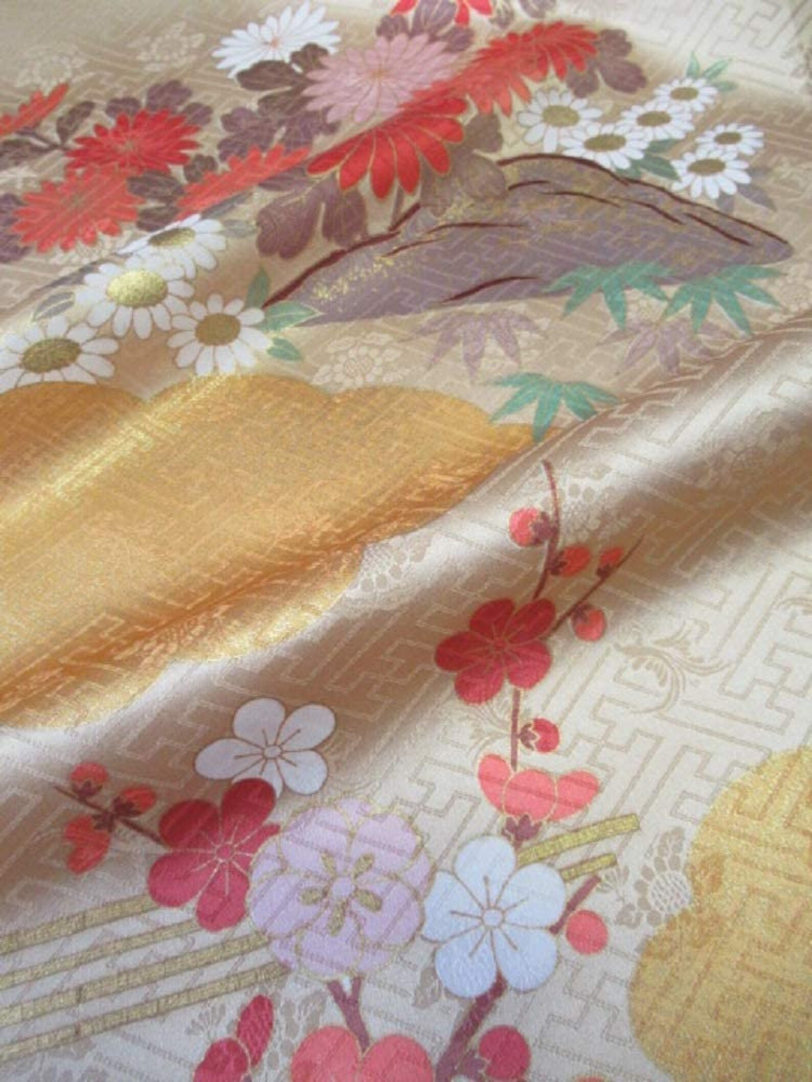 Japanese Pure Silk Cloth From Kyoto Beige Floral Pattern Etsy