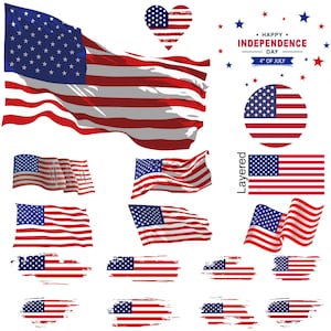 Puede incluir: Una colección de ilustraciones que presentan la bandera estadounidense en varios estilos. Los diseños incluyen banderas ondeando, una bandera en forma de corazón y una bandera circular, todas en rojo, blanco y azul. El texto dice "Happy Independence Day 4th of July".