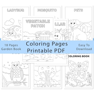 Può includere: Una raccolta di pagine da colorare in bianco e nero con illustrazioni di coccinella, zanzara, animali domestici, orto, gufo e farfalla. Una fascia blu al centro mostra il testo Coloring Pages Printable PDF 18 Pages Garden Book.