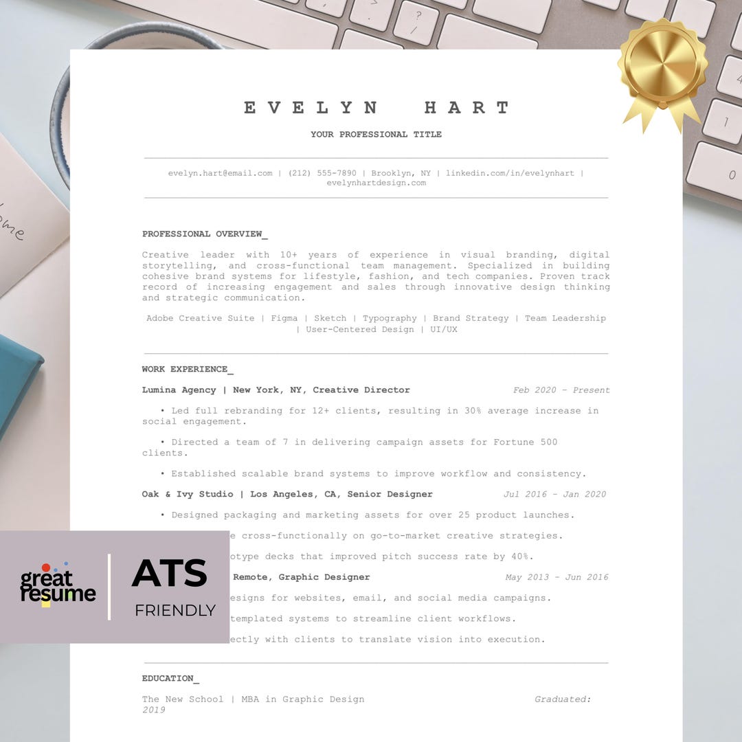 ATS Friendly Resume Template Word, Pages, Google Docs, ATS Resume, ATS ...