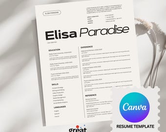 Peut inclure: Un modèle de CV en noir et blanc avec le nom "Elisa Paradise" en haut. Le CV comprend des sections pour l'éducation, l'expérience, les compétences, les langues et les références. Le modèle est conçu dans un style minimaliste avec une mise en page propre et moderne.