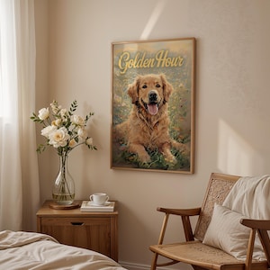 Golden Retriever Print, Happy Dog Print, Dog Lover Poster, Wildflower Art, Gift for Dog Lover, Room Decor