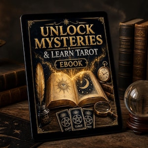 May include: An ebook reader displays the text "UNLOCK MYSTERIES & LEARN TAROT EBOOK" with an open book illustration. A lit candle, antique books, tarot cards, a magnifying glass, and a crystal ball are also visible.