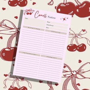 May include: A pink printable Cornell Notes template with a cherry and bow design. The template includes sections for questions, details, vocabulary, and summary.