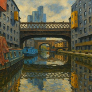 Manchester Canal Scene – Digital Painting Print | Urban Waterway Wall Art | Industrial Cityscape Printable Art