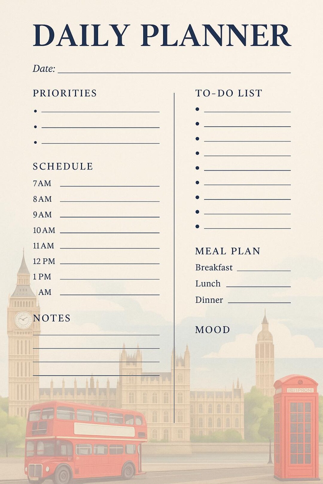 London Daily Planner Printable, Big Ben & Red Bus (A4/US Letter) - Etsy