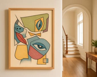 Farbenfrohes, kubistisches abstraktes Gesichtskunst-Druck – modernes geometrisches Wandposter