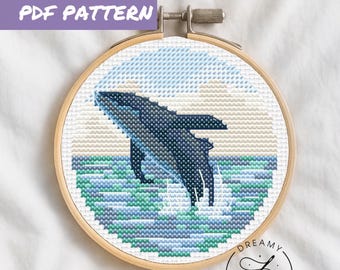 クジラのクロスステッチ図案、海の動物の刺繍デザイン、ギャラクシー
