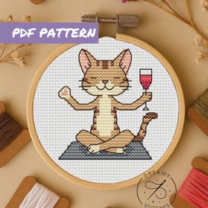 Yoga Cat Cross Stitch Pattern: Funny Wine Cat Embroidery (PDF)