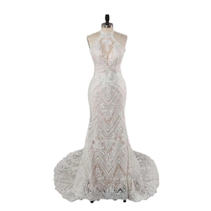 Hoogwaardige zeemeermin trouwjurk met halternek en lovertjes