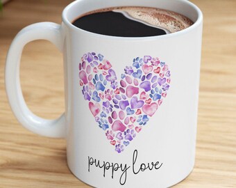 Puppy Love Paw Print Heart Mug, Dog Mom Gift, New Puppy Gift, Dog Lover Mug