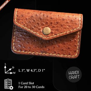May include: A brown leather card holder with a flap closure and a single card slot. It measures 3 inches long, 4.3 inches wide, and 1 inch deep. The card holder is made of premium leather and can hold 20 to 30 cards.