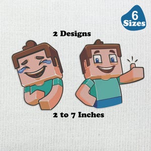 Könnte beinhalten: Zwei Cartoon-Charakter-Designs mit braunen Haaren, türkisfarbenen Hemden und brauner Haut. Einer lacht mit Tränen, der andere gibt einen Daumen hoch. Der Text lautet "2 Designs", "6 Sizes" und "2 to 7 Inches" (5 bis 18 cm).