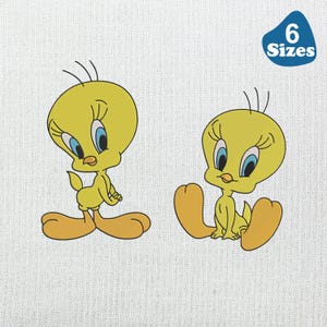 May include: Two yellow cartoon characters, Tweety Bird, are depicted on a white background. One is standing, the other is sitting. The image includes a blue badge with the text "6 Sizes".