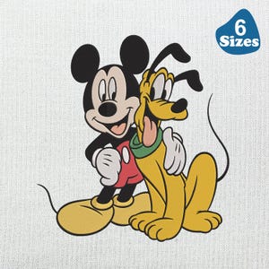 May include: A cartoon illustration featuring Mickey Mouse and Pluto. Mickey Mouse is dressed in black shorts, a red shirt, and yellow shoes. Pluto is yellow with a green collar. The image includes the text "6 Sizes" in a blue shape.
