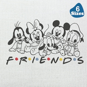 May include: Black and white graphic featuring Disney characters Goofy, Minnie Mouse, Mickey Mouse, Pluto, and Donald Duck. The word "FRIENDS" is written below the characters in a colorful font. A blue tag indicates "6 Sizes".