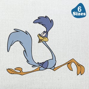 May include: A cartoon image of the Road Runner running. The bird is blue, with a yellow beak and orange legs. The image is on a white background. A blue oval with the text "6 Sizes" is in the upper right corner.