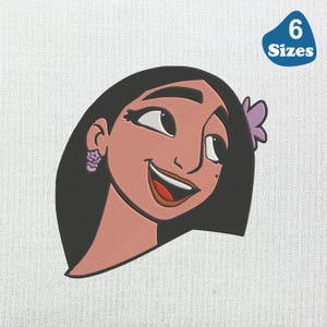May include: An embroidered patch featuring a cartoon illustration of a woman with long black hair, smiling and looking up. She has a purple flower behind her ear and purple earrings.
