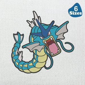 May include: Embroidered patch featuring a blue and yellow serpentine creature with an open mouth, sharp teeth, and a blue fin. The patch has a black outline and the text "6 Sizes" in a blue bubble.