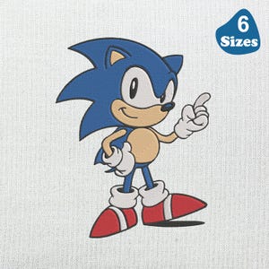 Könnte beinhalten: Eine blaue und weiße Comicfigur mit einem rot-weißen Schuh. Die Figur steht mit einem erhobenen Arm und zeigt mit einem Finger. Die Figur trägt ein blaues und weißes Outfit und hat einen rot-weißen Schuh. Der Text "6 Sizes" befindet sich in der oberen rechten Ecke des Bildes.