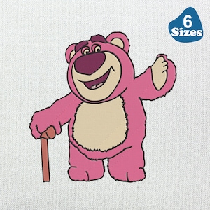 May include: A pink cartoon bear with a friendly expression, holding a brown stick. The bear has a light tan belly and dark pink accents. A blue oval in the upper right corner reads "6 Sizes".