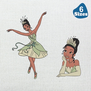 Peut inclure: Deux images de dessin animé d'une princesse en robe verte. L'une montre la princesse dansant, les bras tendus. L'autre montre la princesse posant son menton sur sa main. Le texte "6 Tailles" est dans une bulle bleue.