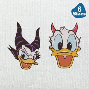 May include: Two cartoon character faces: one with black horns and a stern expression, the other with red horns and a surprised expression. The image includes a blue tag that says "6 Sizes".