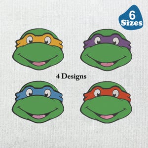 May include: Four cartoon turtle faces with different colored headbands: orange, purple, blue, and red. The turtles have green skin and smiling faces. The image also includes the text "4 Designs" and "6 Sizes".