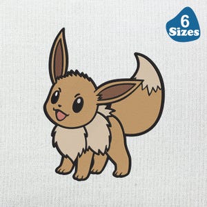 Könnte beinhalten: Ein Cartoon-Bild von Evoli, einem braunen, fuchsähnlichen Wesen mit großen Augen und einem flauschigen Schwanz. Das Bild hat einen hellbraunen Körper, einen cremefarbenen Hals und dunkelbraune Akzente. Ein blaues Oval oben rechts zeigt "6 Größen".
