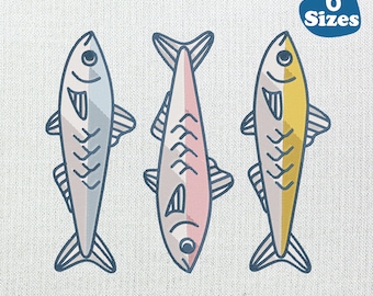 Motif de broderie trio de sardines : motif poissons d'été (6 tailles, téléchargement numérique