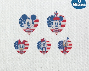 Mickey Friends 4th of July Bundle Embroidery Design, Patriotic USA Heart (6 Sizes)