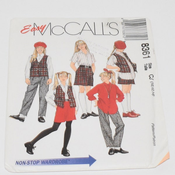 Uncut 90's McCall's 8361 Girls Lined Vest, Shirt, Pull On Pants, And Pull On Skirt, Sizes 10 12 14, Sewing Pattern, Pattern For Girl's