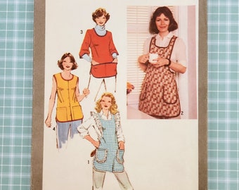 Uncut 70's Simplicity 9209 Misses' Set Of Aprons With Tie Ends and Pockets, Four Looks, Size Medium 14 16 Bust 36-38, Vintage Sewing Pattern