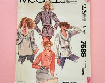 Uncut 80's McCall's 7686 Misses' Blouse, Pullover Blouse With Gathered Back, Size Small 10-12, Bust 32.5-34 Vintage Sewing Pattern