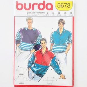 Uncut Burda 5673, Men&#39;s Pullover Shirts, Color Blocking, Sleeve And Neck Variations | Chest Sizes 35.5&quot; Thru 41.75&quot; | Vintage Sewing Pattern