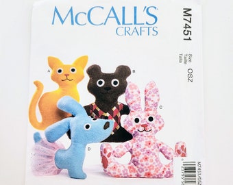 Uncut McCall's Crafts 7451 Stuffed Animals, Bear, Rabbit, Cat And Dog, Stuffed Animal Pattern, One Size Pattern, Sewing Pattern