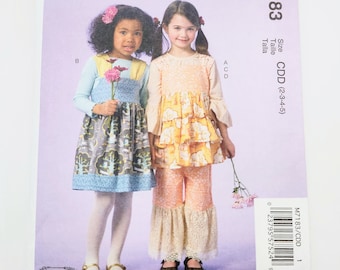 Uncut McCall's 7183 Children's Top With Ruffle, Jumpers And Pants With Ruffle, Sizes 2 3 4 5, Sewing Pattern
