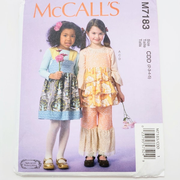 Uncut McCall's 7183 Children's Top With Ruffle, Jumpers And Pants With Ruffle, Sizes 2 3 4 5, Sewing Pattern