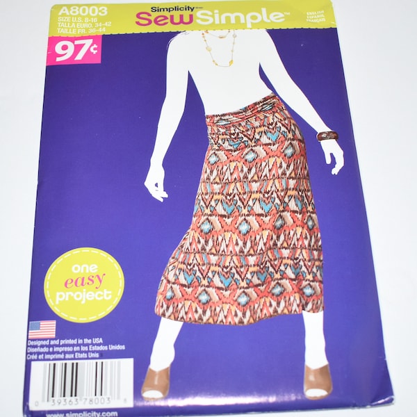 Uncut SIMPLICITY 8003 Misses Knit Skirt, Sew Simple, One Easy Project, Sized For Stretch Knits, Sizes 8, 10, 12, 14, 16, Sewing Pattern