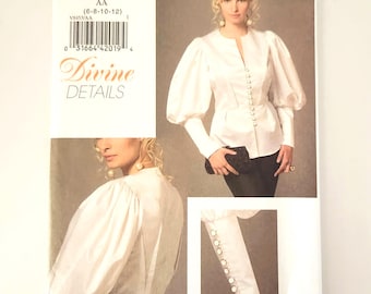 Uncut Vogue V8453 Divine Details Misses Long Sleeve Fitted Peplum Blouse Puff Sleeve Loop And Button Closure Size 6 8 10 12 Sewing Pattern
