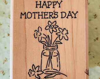 Happy Mother's Day Jar Of Flower's Stampin Up Wood Mounted Rubber Stamp From Sweet & Simple Salutations Set, Cardmaking,  Craft Supply