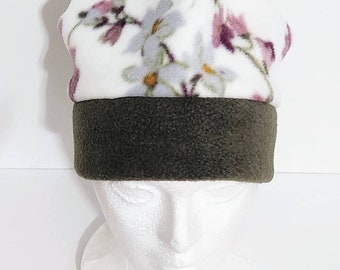 Size Small White Floral Print With Olive Green Fleece Beanie Hat With Double Band For Warmth, Gift For Her, Gift For Women, Unique Gift