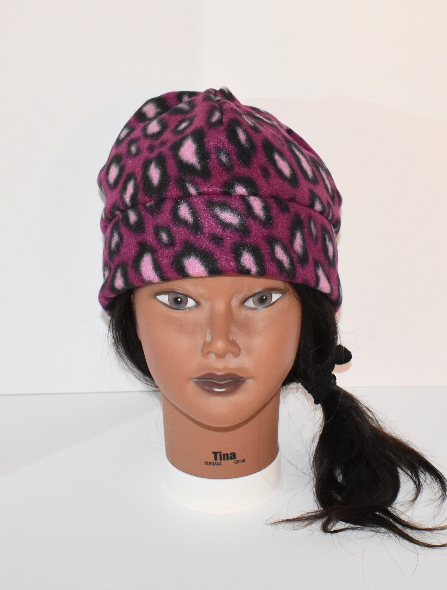 Purple Cheetah Beanie Fleece Hat With 